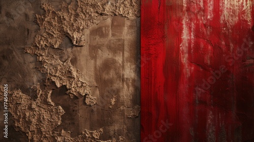 Aged wall with peeling paint featuring a stark contrast between natural brown tones and a vibrant red strip.