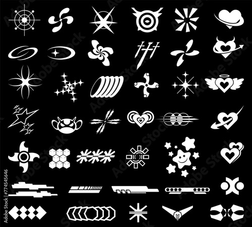 Y2k streetwear element set  Futuristic symbols icon pack. Geometric object vector set. Retro geometry shapes collection