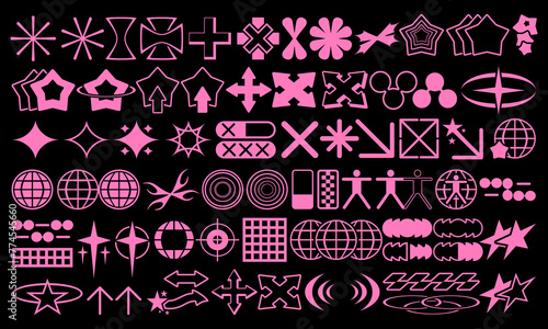 Retro geometry shapes collection, Y2k streetwear element set, Futuristic symbols icon pack. Geometric object vector set.