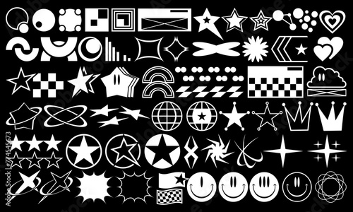 Retro geometry shapes collection, Y2k streetwear element set, Futuristic symbols icon pack. Geometric object vector set.