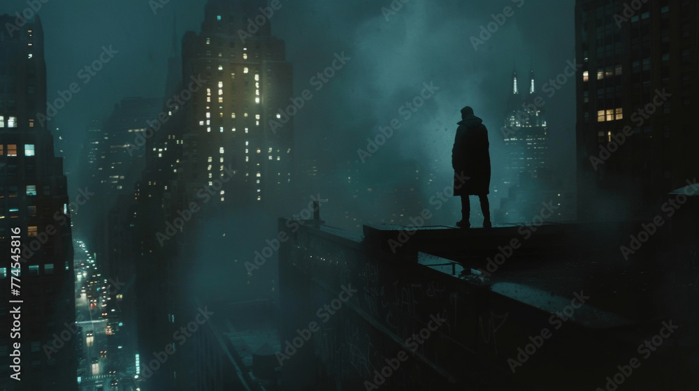 A lone figure perches on a rooftop gazing out across the city and into the nothingness of the dark shadows that cling to the buildings. . .