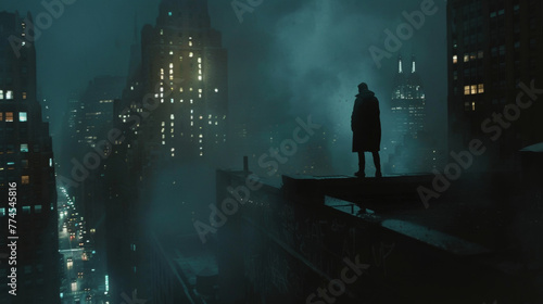 A lone figure perches on a rooftop gazing out across the city and into the nothingness of the dark shadows that cling to the buildings. . .