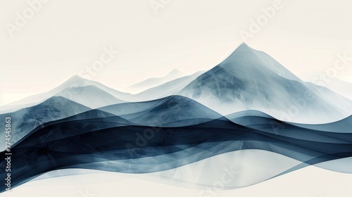 Abstract digital art of serene blue mountain ranges with flowing translucent waves  conveying a calm and peaceful atmosphere.