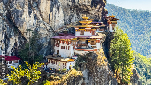 Taktshang Goemba, Tiger's Nest Monastery in Bhutan, View from afar. photo