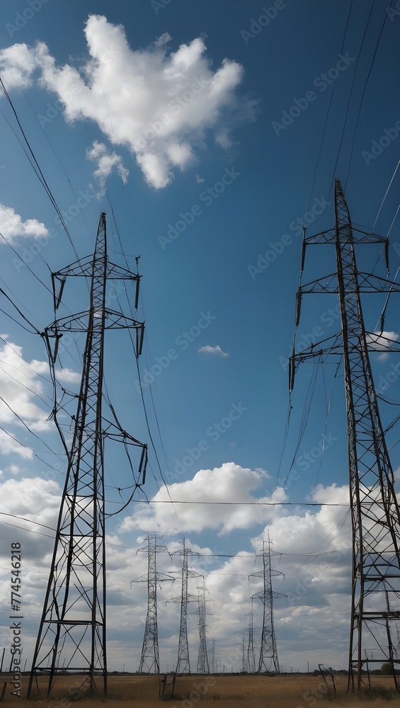 Electric towers and cables that stretch against a bright blue sky and cloudy background in afternoon. AI Generative Electric towers and cables that stretch against a bright blue sky and cloudy background in afternoon. AI Generative