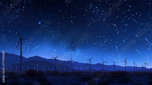 A night sky over the desert lights up with the glow of numerous wind turbines spinning gracefully in the strong winds. The bright . .