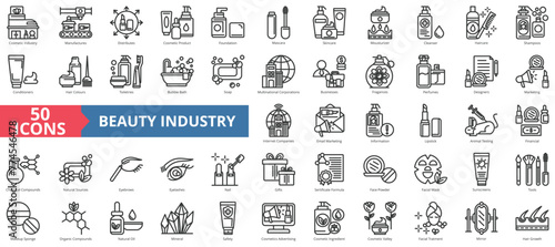 Cosmetic industry icon collection set. Containing manufactures, distributes, cosmetic product, foundation, mascara, skincare, moisturizer icon. Simple line vector.