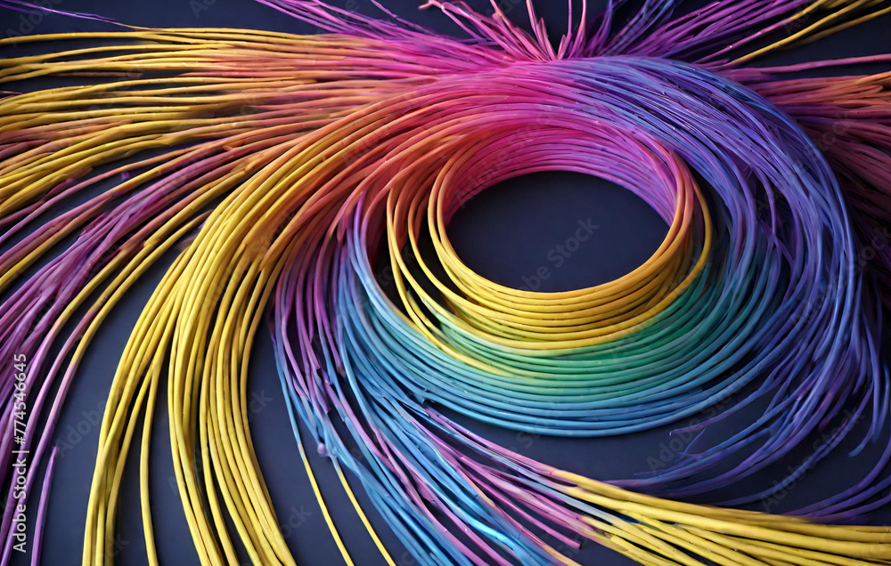 Fototapeta premium Bright rainbow wires abstract background AI render 