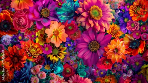 A burst of colorful flowers creating a psychedelic explosion of floral art.