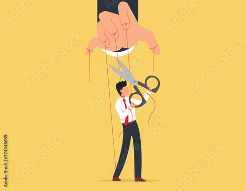 Puppet business person getting freedom. Businessman with scissors cut ropes free himself from manipulation.