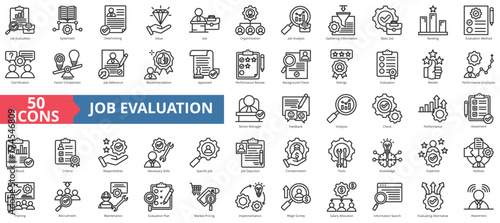 Job evaluation icon collection set. Containing systematic, determining, value, organization, analysis, gathering information, basic icon. Simple line vector.