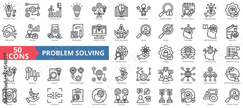 Problem solving icon collection set. Containing process, achieving goal, solutions, resources, knowledge, professionals, identify icon. Simple line vector.