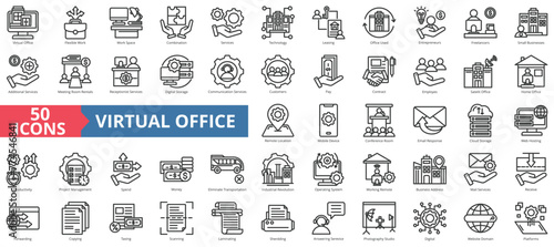 Virtual office icon collection set. Containing flexible, space, combination, services, technology, leasing, used icon. Simple line vector.