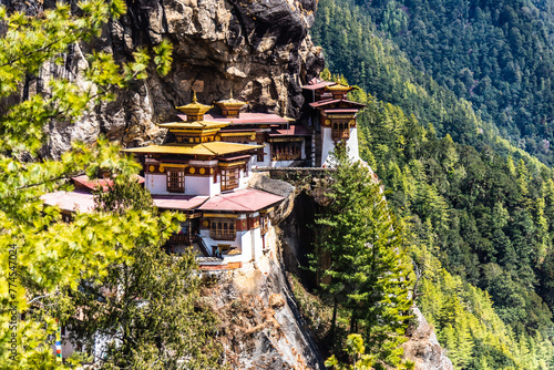 Taktshang Goemba, Tiger's Nest Monastery in Bhutan, View from afar. photo