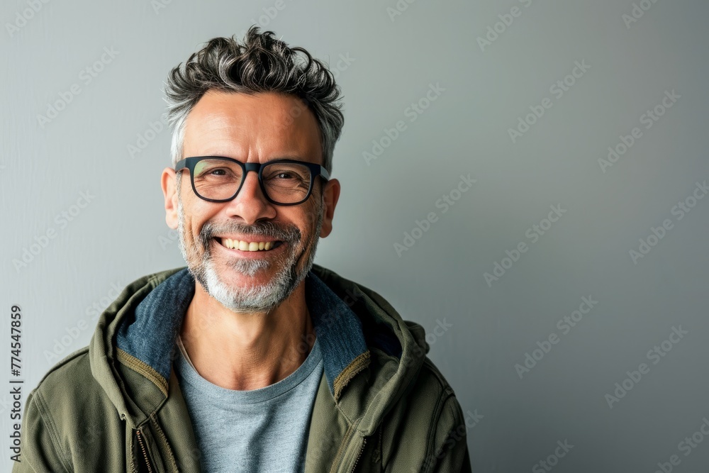 Portrait of a handsome middle-aged man in a green jacket and glasses. Portrait of a handsome middle-aged man in a green jacket and glasses.