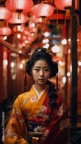 Japanese woman with long black hair and traditional hair pins, in an orange and red kimono with embroidered flowers, red lanterns hanging over her head © Nanees