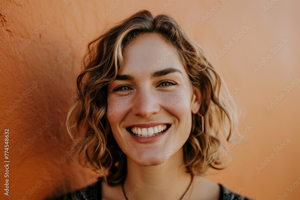 Close up portrait of a smiling young woman with curly hair against orange wall Close up portrait of a smiling young woman with curly hair against orange wall