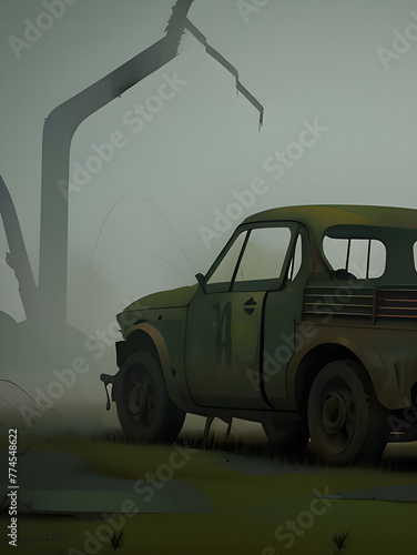 Old Vehicles In A Field Beside The Road