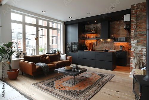 Stylish contemporary design of modern apartment in dark black colors 