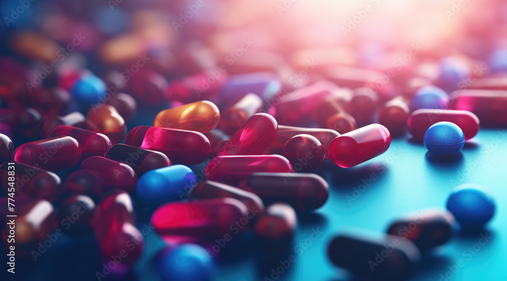 Healthcare and medical, pharmacy and medicine, antidepressant and vitamin concept. Group of 3d pills and medicine capsules flying. Close-up of painkillers in motion dynamics - obrazy, fototapety, plakaty 