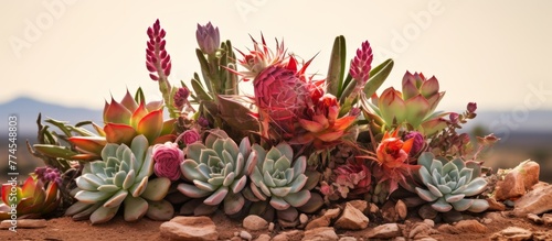 Various types of colorful flowers are beautifully arranged together in a decorative bouquet for display