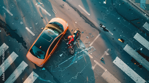 Overhead view of traffic accident involving a car and a damaged motorcycle at an intersection, with scattered debris. Dramatic situation for recklessness when complying with traffic regulations photo