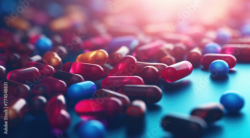 Healthcare and medical, pharmacy and medicine, antidepressant and vitamin concept. Group of 3d pills and medicine capsules flying. Close-up of painkillers in motion dynamics photo