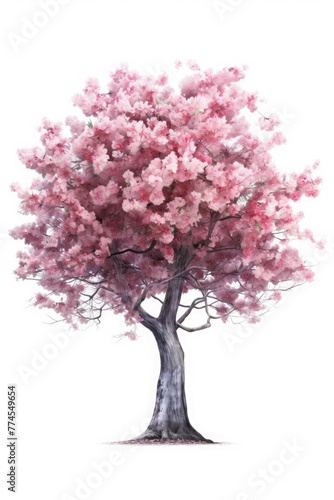 Beautiful pink cherry tree isolated on white background.