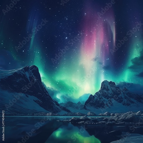 Northern lights in the mountains. Aurora borealis.