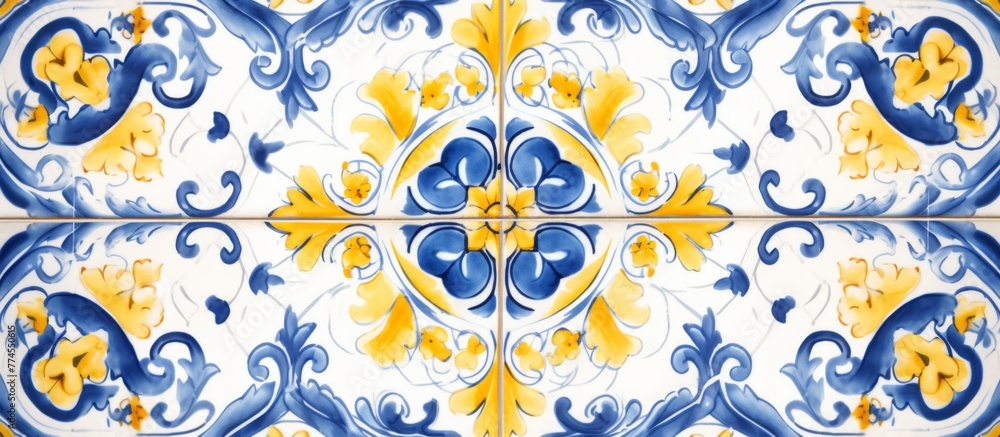 Close-up view of a decorative tile featuring a vibrant flower pattern in blue and yellow hues