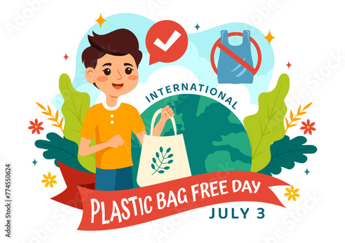 International Plastic Bag Free Day Vector Illustration on 3 July with Go green, Save Earth and Ocean in Eco Lifestyle Flat Cartoon Background