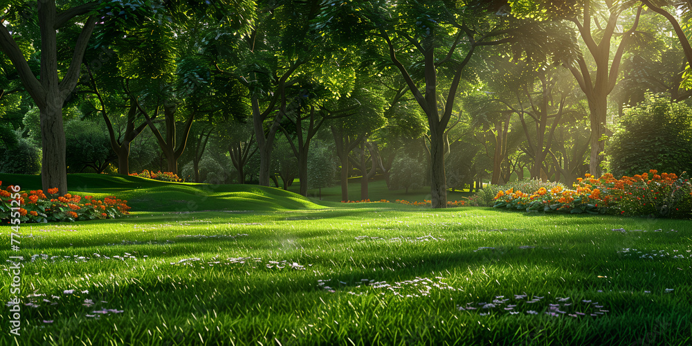 Smooth Carpet of Verdant Grass Expansive Green Serenity Landscape Fresh green nature, Trees in the park with green grass and sunlight. blur park background Spring and summer concept vintage filter.