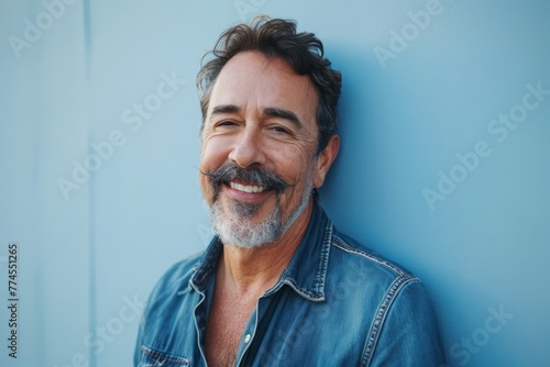 Portrait of a handsome middle-aged man smiling against a blue wall
