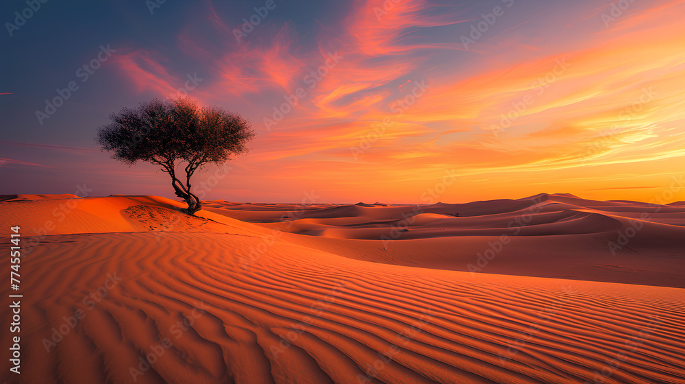 desert sunset, intense orange and red hues in the sky