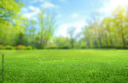 A beautiful blurred background showcases springtime nature, with a neatly trimmed lawn, encircled by trees against a bright sunny day's blue sky with clouds. Made with generative AI technology.