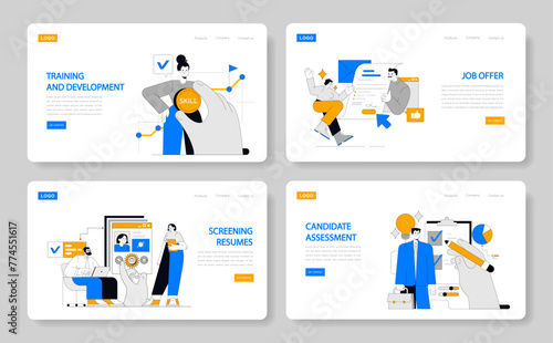 HR Process set. Enhancing staff capabilities, securing top talent, streamlining applicant review, evaluating potential hires. Lifecycle of recruitment and workforce development. Vector illustration