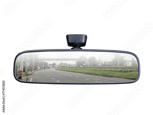 A rear view mirror with a picture of the road in it, transparent background