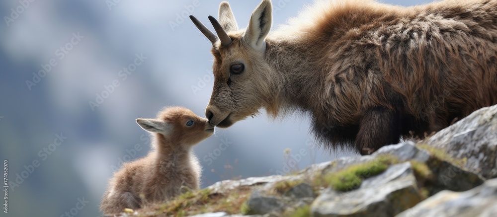 On the rugged terrain, a mature goat and a young baby goat are seen perched on a rocky hill, enjoying the mountainous landscape