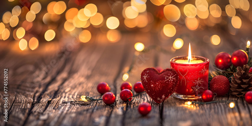 A heart shaped soap sitting on a table next to candles affection Valentine's day background with burning candles and hearts on wooden table.