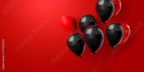 Fototapeta Red and black balloons with ribbons on holiday party banner 3D Rendering Friday Sale Banner with Shiny Balloons Bunch red background.