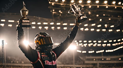Silhouette of race car driver celebrating the win in a race against bright stadium lights, rising a trophy over his head photo