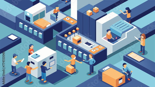 An overhead view of a bustling microfactory floor with workers moving quickly between workstations and machines to produce multiple prototypes