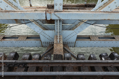 Old railway bridge detail across a canal showing steel construction, track, sleepers and water below