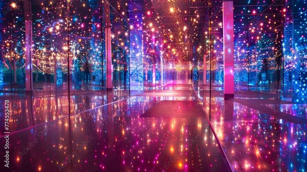 Bathed in the ethereal glow of countless mirrors the Infinity Mirror podium beckons you to take center stage and be surrounded by . . - obrazy, fototapety, plakaty 