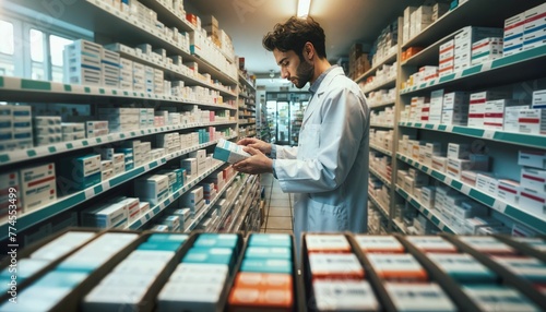 Drugstore pharmacist checking medicine inventory, focused on stock management