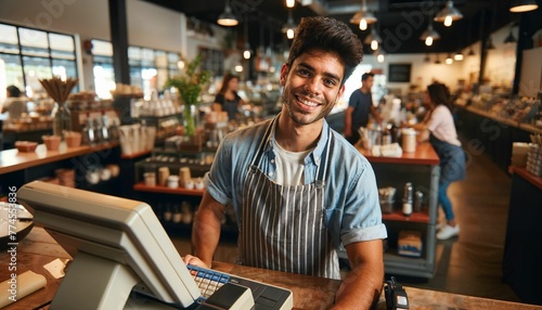 Hip coffee shop scene with young barista serving at the register