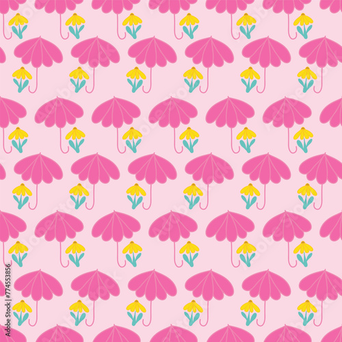 Raindrop shapes make spring flowers and pink umbrellas seamless pattern print background