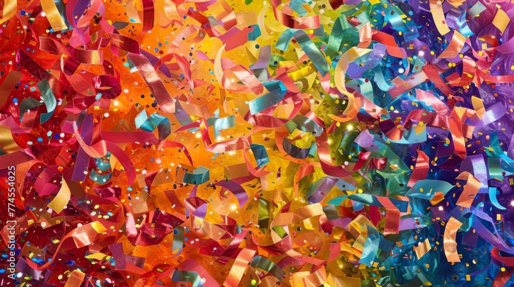 Make a statement with this bold and vibrant background of confetti and sparkling streamers in all the colors of the rainbow. - obrazy, fototapety, plakaty 