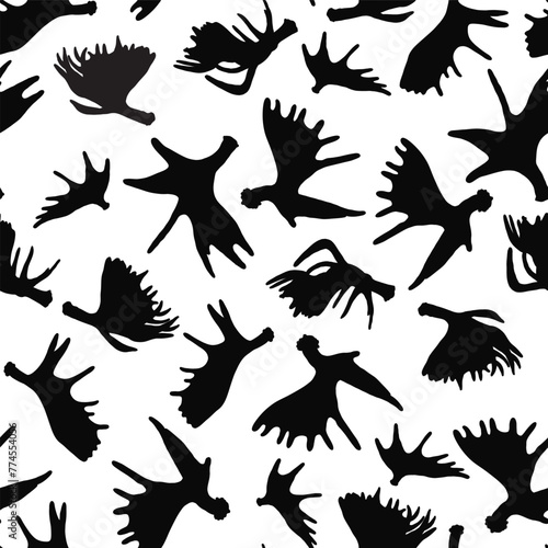 Moose Antlers in black silhouette on white seamless pattern print background