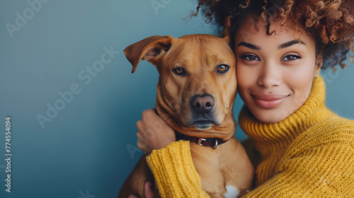 Woman with Afro hairstyle Smiles gladfully Holds domestic animal Happy young  woman holding a dog corgi  sitting on yellow studio background and embracing her pet  copy space  banner  Generative Ai